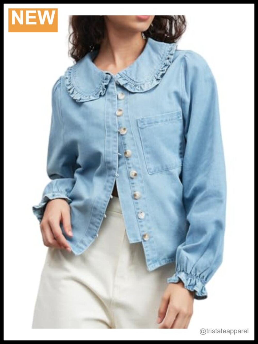 Puff Long Sleeve Denim Shirt Peter Pan Collar Button Down Jean Blouse